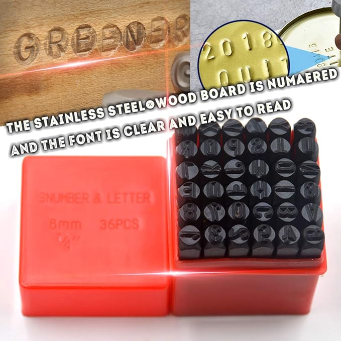 Oudtinx Number and Letter Stamp Set (36 Piece Punch Set/A-Z & 0-9) Hardened Steel for Metal Wood, Leather- 1/4" (6mm)