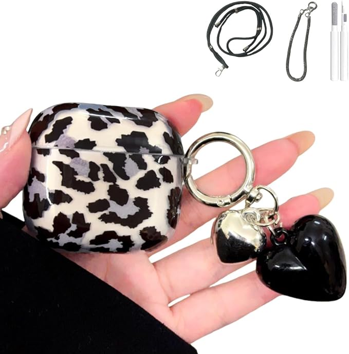 AirPods 4 Case with Neck Strap - Transparent Black Leopard Shockproof Silicone Cover for Women Travel, Compatible with AirPods 4/4(2024 NC) & Detachable Keychain