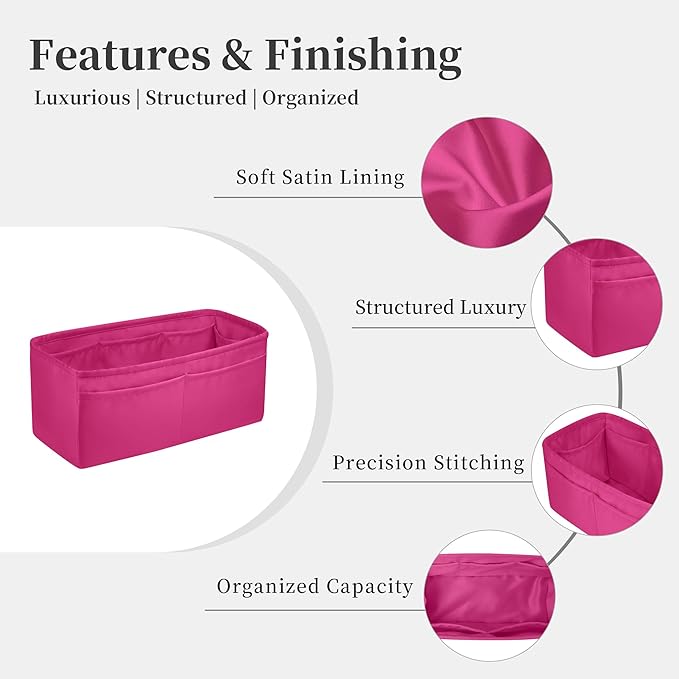 Purse Organizer Insert for Birkin 40, Lightweight & Soft Satin Organizer Insert with Pockets for Woman Bags, Ideal for Travel, Shopping, and Daily Use, Multicolor Options(Rose shocking, BK40)