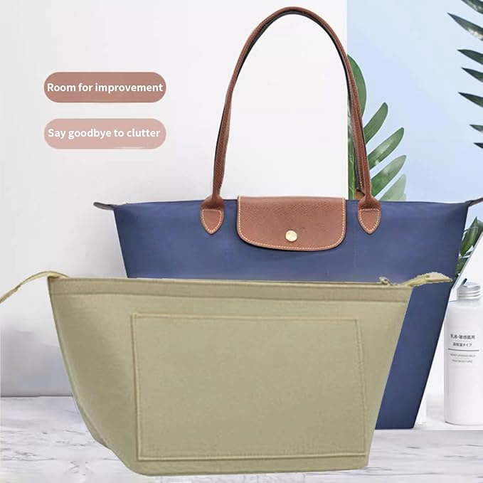 Chispee Purse Organizer Insert for Handbags, Felt Bag Organizer with Zipper Handbag Organizers for Longchamp Divider Pocket & Zipper Inner Bag Liner (Beige,M)