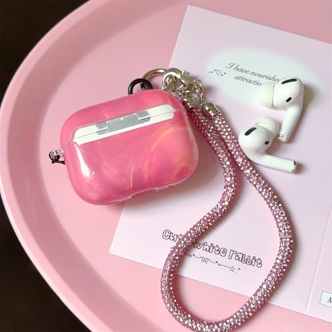 Compatible with AirPods Pro1st/2nd Gen (2023/2022/2019) Case:Pink Marble Silicone Cover with 3D Heart Design,Shockproof Protective Case with Long Adjustable Neck Strap & Keychain for Women Girls,Cute