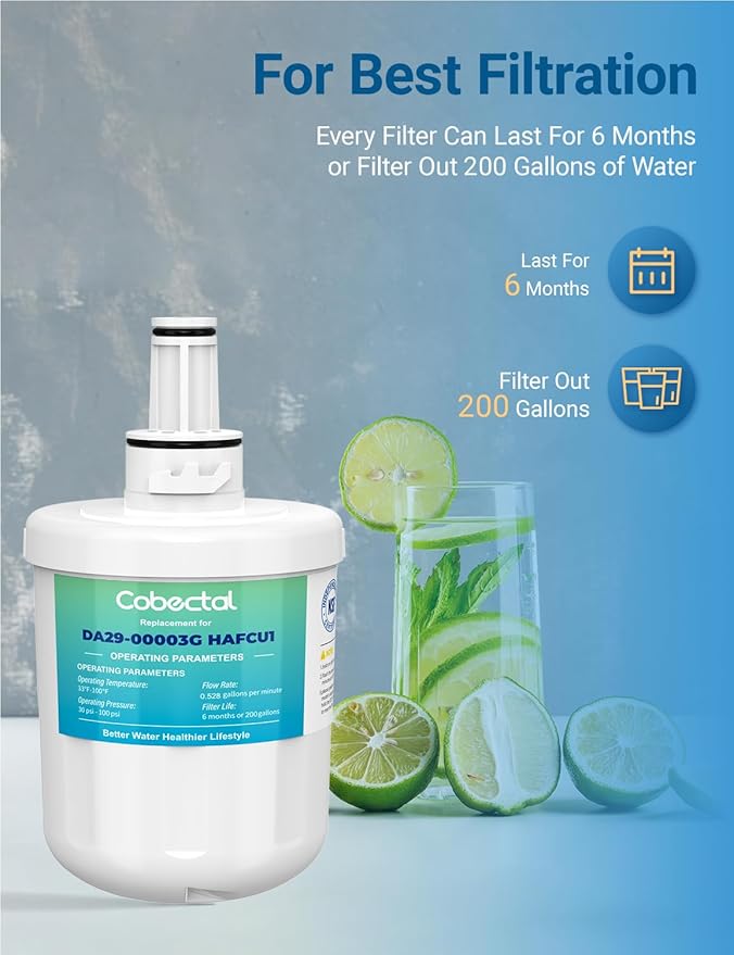 Cobectal DA29-00003G Water Filter Compatible with samsung DA29-00003B, DA29-00003A, Aqua-Pure Plus, HAFCU1, RFG237AARS, FMS-1, RS22HDHPNSR, RSG257AARS,2 Filters