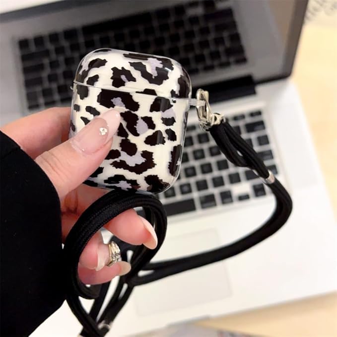 Silicone Case for AirPods 1st/2nd Generation,Women's Translucent Black Leopard Shockproof Cover with Adjustable Neck Strap & Keychain, Travel-Friendly Protective Case with Non-Slip Grip