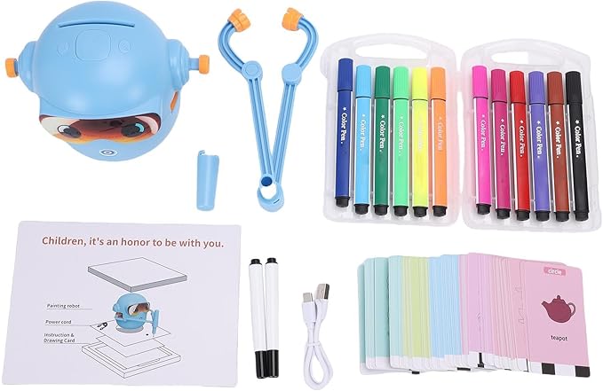 CUIFATI Smart Drawing Robot for Kids, Interactive Educational Drawing Robot with 100 Cards & 14 Colorful Pens, Robot Drawing Machine for Gift (Blue)