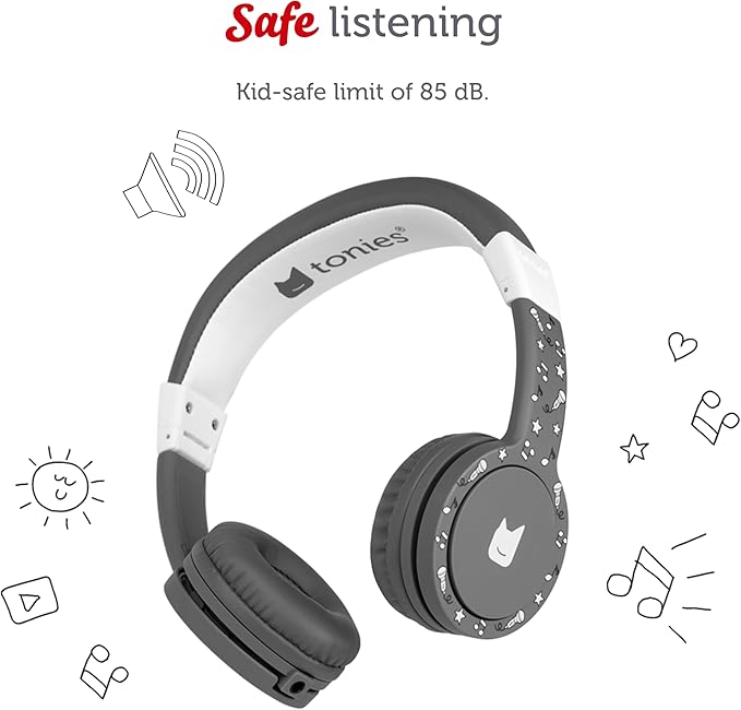 Tonies Foldable Wired Headphones for Kids - Comfortably Designed to fit On-Ear - Works with Toniebox 1 and All 3.5mm Devices - Gray