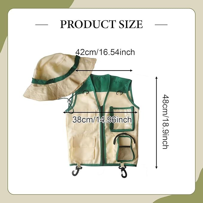Kids Explorer Vest and Hat Outdoor Adventure Kit Role Play Costume for Fishing Paleontologist Hiking Birthday Gift, Green