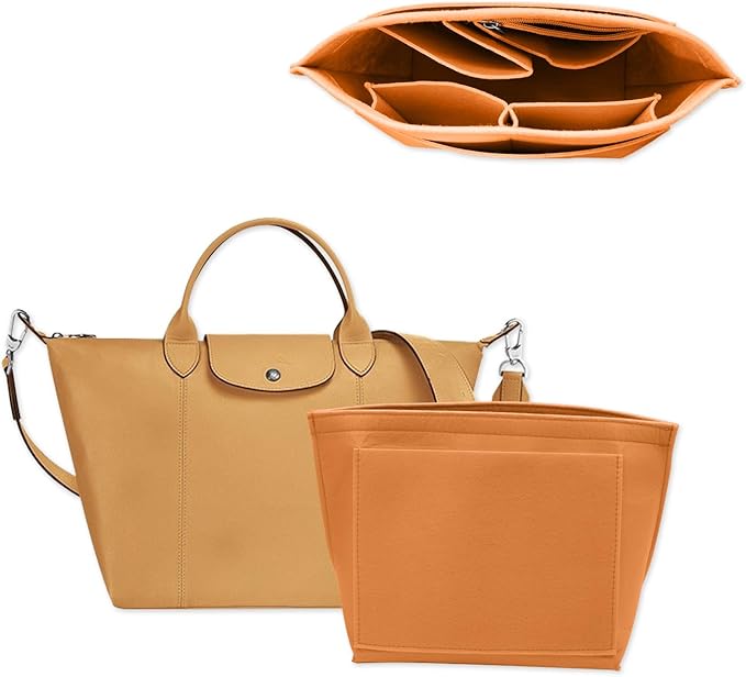 Chispee Felt Purse Organizer Insert Luxury Handbag Organizers for Longchamp Organizer Insert Divider Pocket & Zipper Inner Bag Liner fit Medium, Sun Orange