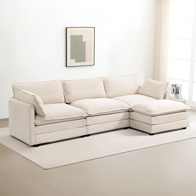 ROWHY Ottoman for Sectional Cloud Couch, Corduroy Ottoman for Deep Seat Modular Couch for Apartment, Living Room and Bedroom, Beige | Arrange Freedom, Pet-Friendly Fabric, Sturdy Frame, Ultimate Comfort, Washable Covers