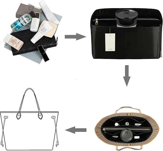 ZTUJO Purse Organizer Insert For Handbags, Purse Organizer With Zipper, Neverfull Organizer, Bag Organizer For Speedy Neverfull ONTHEGO Tote, Handbag and More (Silky Black, Slender Large)