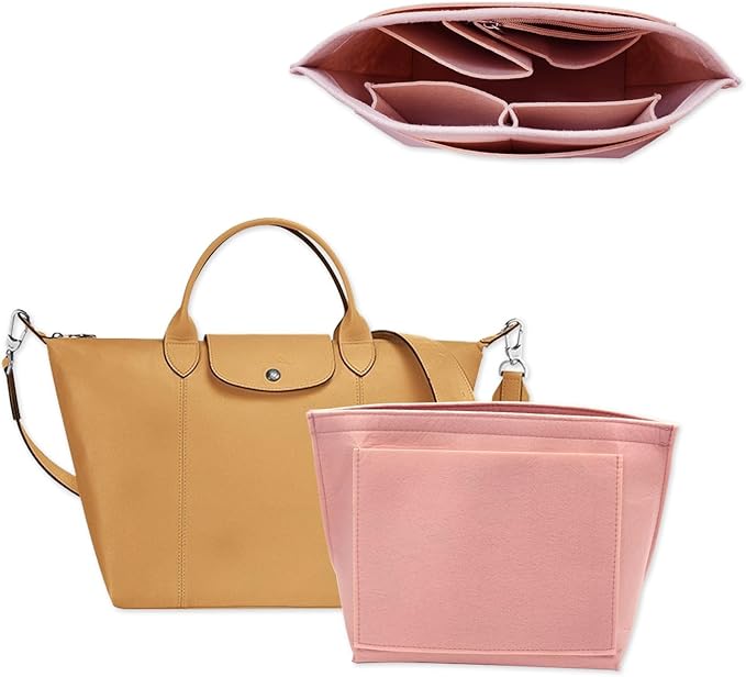 Chispee Felt Purse Organizer Insert Luxury Handbag Organizers for Longchamp Divider Pocket & Zipper Inner Bag Liner fit Small, Pink