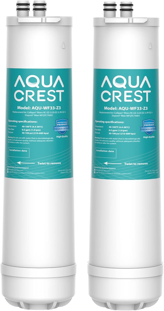 AQUA CREST RC EZ 3 Water Filter, Replacement for Culligan ®RC-EZ-3, US-EZ-3, RC-EZ-1, Brita® USF-201, USF-202, DuPont® Carbon 3000QT Filter, 2K Gallons, 2 Pack