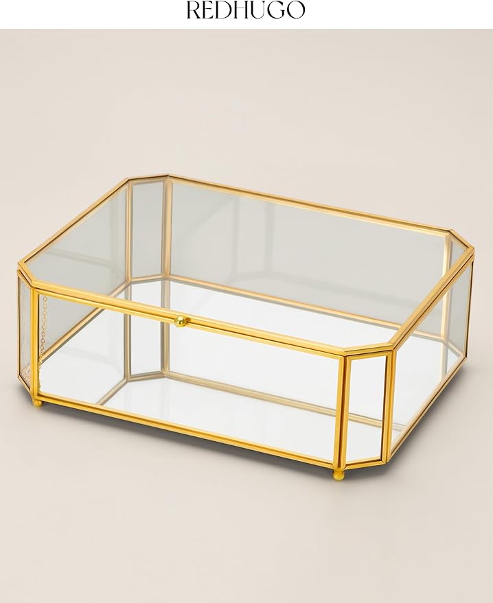 Large Glass Boxes for Display Handmade, Mirrored Bottom, Glass Jewelry Box with Lid, Trinket Box Book Photo Keepsake Organizer, Display Case for Vanity Decor Home Dresser, Octagon, Gold