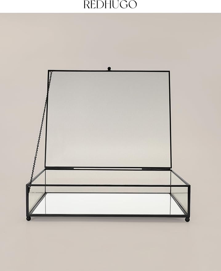 Large Glass Boxes for Display Handmade, Mirrored Bottom, Glass Jewelry Trinket Box with Lid, for Book, Photo, Keepsake Organizer, Display Case for Vanity Decor Home Dresser, Black
