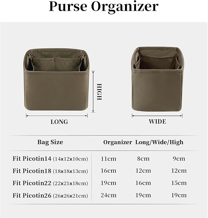 Purse Organizer Insert for Picotin 18/22, Satin Bag Organizer for Picotin Bags, Lightweight Purse Essentials for Women Luxury Handbags, Soft Touch Inner Liner with Multiple Pockets (Etoupe grey, PC22)