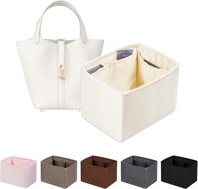 Purse Organizer Insert for Picotin 18/22, Satin Bag Organizer for Picotin Bags, Lightweight Purse Essentials for Women Luxury Handbags, Soft Touch Inner Liner with Multiple Pockets (Craie, PC18)