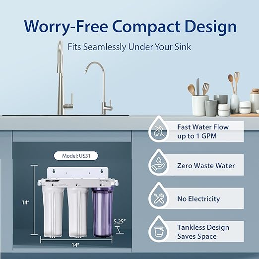 iSpring US31 Under Sink Water System, NSF Certified 3-Stage Water Filters, Reduces PFAS, Chloramine, Chlorine and More, Tankless Water Filter System with Faucet