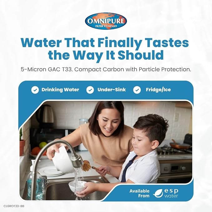 Omnipure CL10ROT33-BB Inline Water Filter, 1/4" FPT, Granular Carbon Replacement Cartridge, In-Line Water Filters for Under-Sink RO, Water Coolers, Ice Machines, RVs, NSF Certified and Made in USA