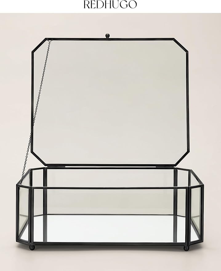 Large Glass Boxes for Display Handmade, Mirrored Bottom, Glass Jewelry Box with Lid, Trinket Box Book Photo Keepsake Organizer, Display Case for Vanity Decor Home Dresser, Octagon, Black