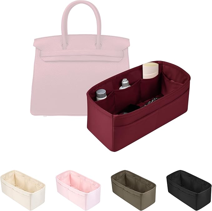 Purse Organizer Insert for Birkin 25, Lightweight & Soft Satin Organizer Insert with Pockets for Woman Bags, Ideal for Travel, Shopping, and Daily Use, Multicolor Options(Rouge H, BK25 Retourné)