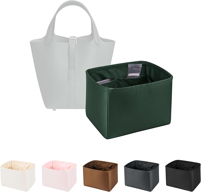 Purse Organizer Insert for Luxury Bag, Lightweight & Soft Satin Fabric with Pockets, Ideal for Travel, Shopping, and Daily Use, Multicolor Options, Fits Picotin 22(Vert Anglais, PC22)
