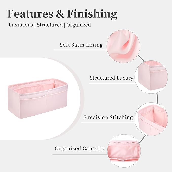 Purse Organizer Insert for Birkin 20, Lightweight & Soft Satin Organizer Insert with Pockets for Woman Bags, Ideal for Travel, Shopping, and Daily Use, Multicolor Options(Pink, BK 20)