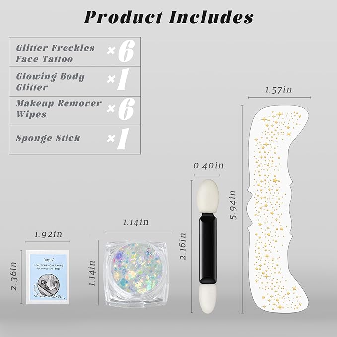 Noerrors Glitter Freckles Glow in Dark Mermaid Face Glitter Set Star Gold Freckle Makeup Patches Nightglow Sparkle Shimmer Cute Faux Speckles Tattoo Sticker for Singer Music Festival Christmas Party