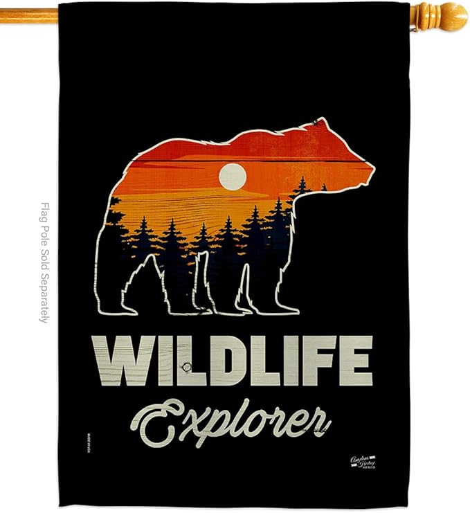 Wildlife Explorer House Flag Outdoor Adventure Rustic Camper RV Trailer Camp Site Campfire Small Decorative Gift Yard Banner Made In USA 28 X 40