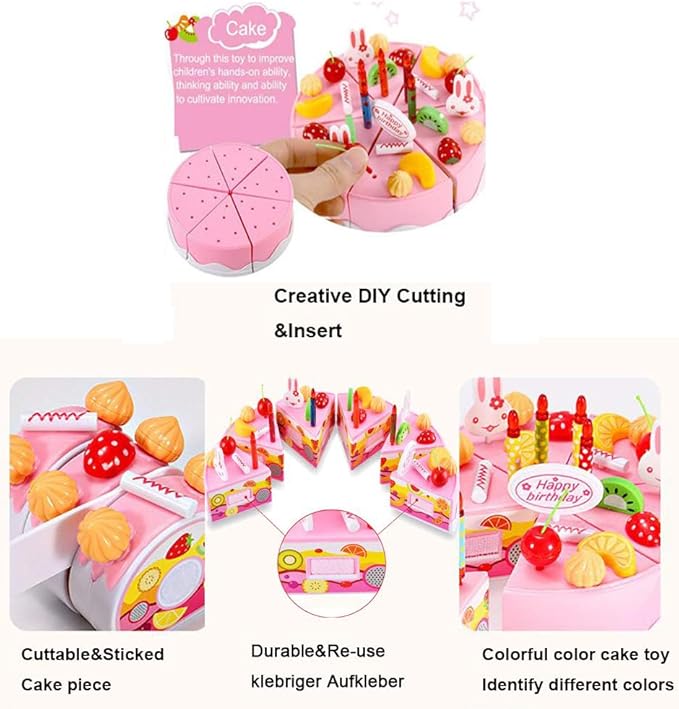38 PCS DIY Cutting Birthday Party Cake Model Ornament Pretend Kitchen Food Set, DIY Fruit Cutting Kitchen Pink/Blue Cut Cake Gift (38PCS Pink)