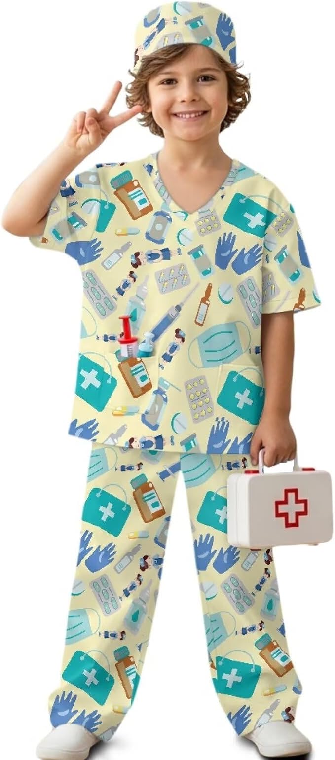 3 PCS Set Doctor Costume for Kids,Scrubs with Nurse Costume Kids Set,Girls Boys Doctor Career Day Costumes