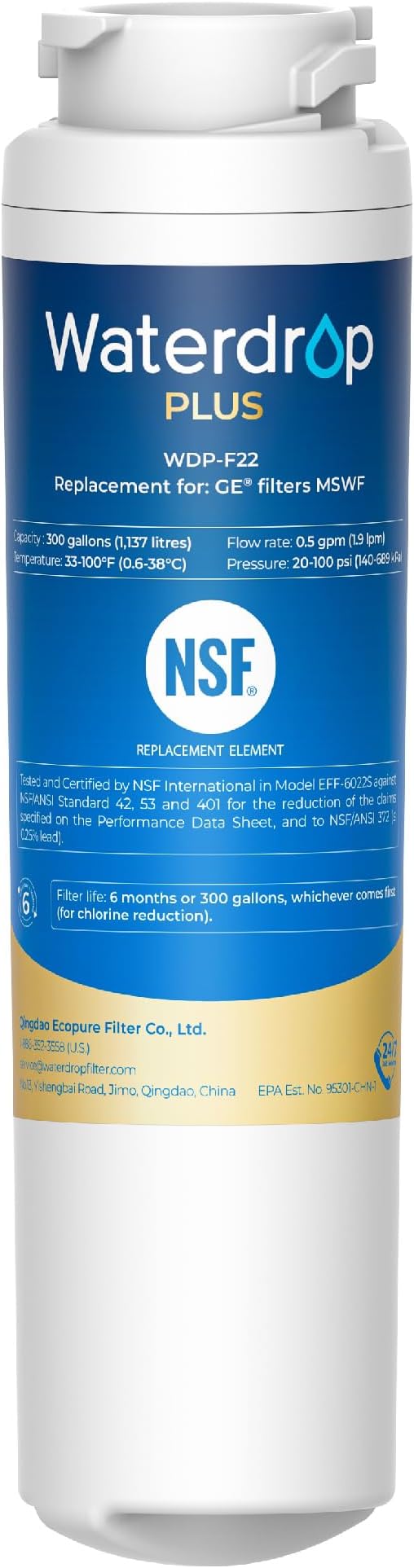 Waterdrop Plus MSWF Refrigerator Water Filter, 𝐑𝐞𝐝𝐮𝐜𝐞 𝐏𝐅𝐀𝐒 and lead, Replacement for GE® MSWF, 101820A, 101821B, RWF1500A, 1 Pack (Package May Vary)