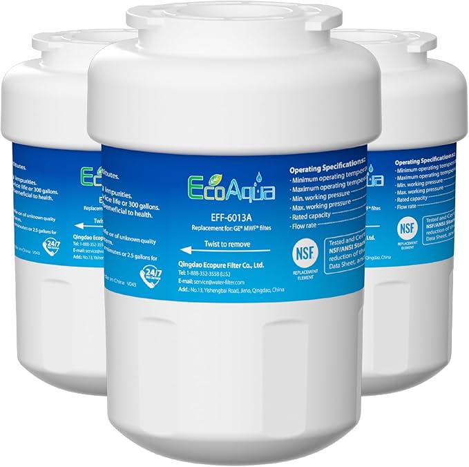 EcoAqua EFF-6013A Replacement Filter, Compatible with GE MWF SmartWater, MWFA, MWFP, GWF, GWFA, 46-9991, HDX FMG-1, WFC1201, GSE25GSHECSS, PC75009, RWF1060 Refrigerator Water Filter, 3 Pack