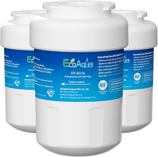 EcoAqua EFF-6013A Replacement Filter, Compatible with GE MWF SmartWater, MWFA, MWFP, GWF, GWFA, 46-9991, HDX FMG-1, WFC1201, GSE25GSHECSS, PC75009, RWF1060 Refrigerator Water Filter, 3 Pack