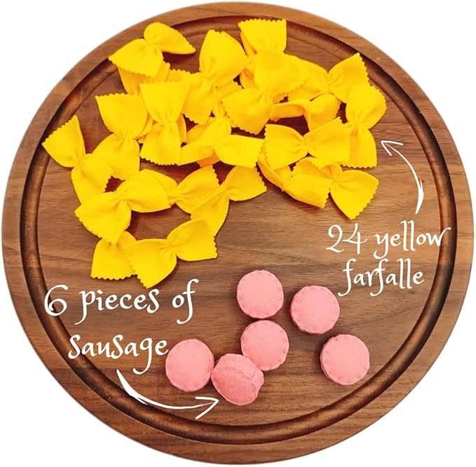 Felt play food Pasta farfalle with sausage for pretend play in kids kitchen, plush fake realistic bow tie (yellow farfalle, Large set (24 farfalle, 6 sausages))