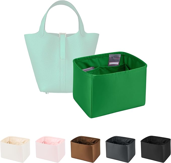 Purse Organizer Insert for Luxury Bag, Lightweight & Soft Satin Fabric with Pockets, Ideal for Travel, Shopping, and Daily Use, Multicolor Options, Fits Picotin 18(Bambou, PC18)