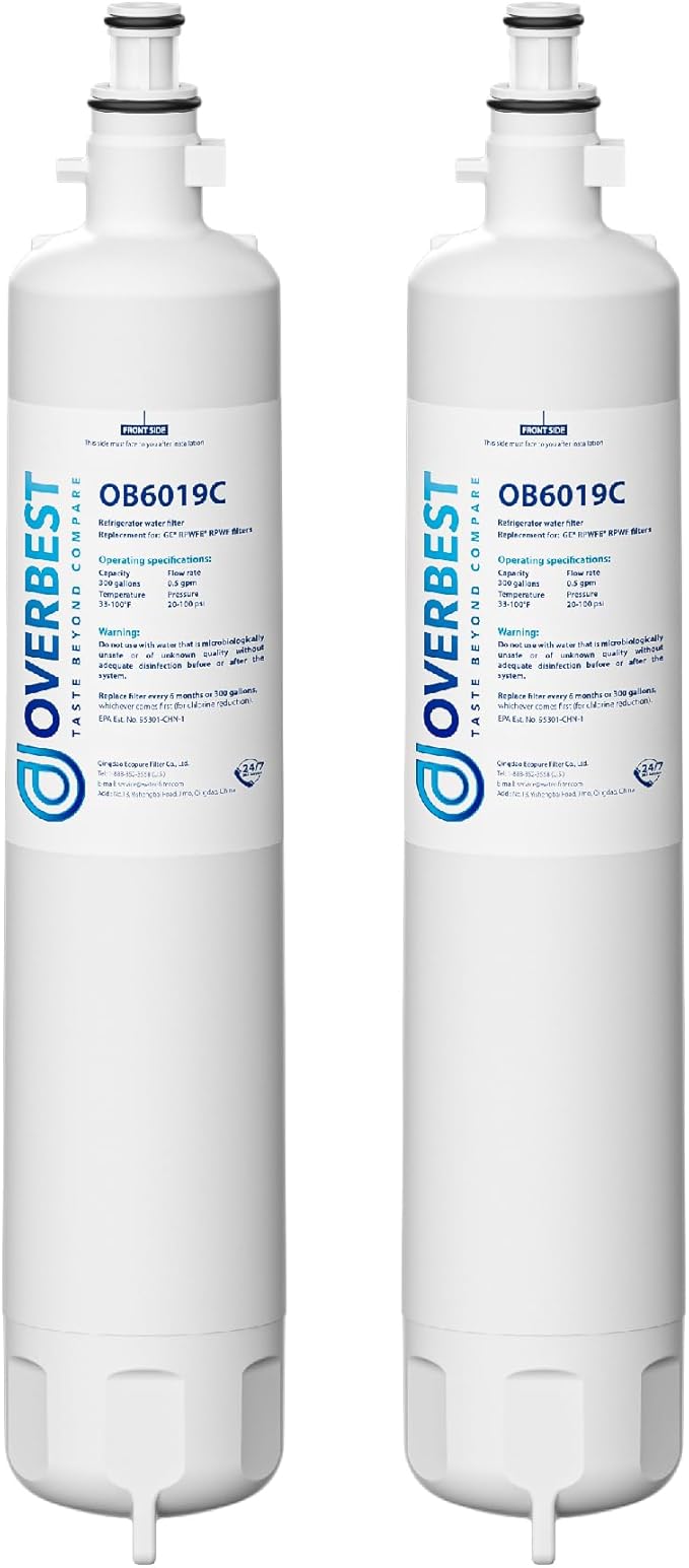 Overbest OB6019C Replacement for GE® RPWFE®, RPWF (Built-in CHIP) Refrigerator Water Filter,Compatible with GFE28GYNFS, GFE28GELDS, 2 Filters