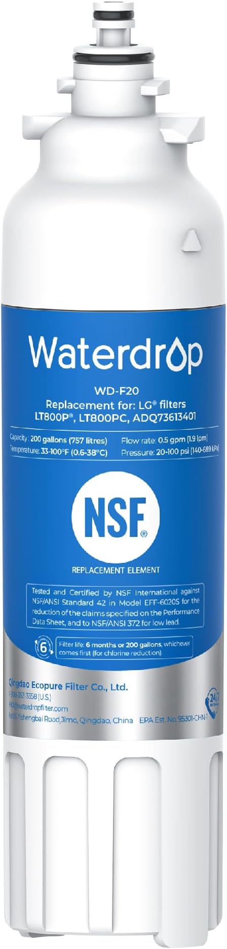 Waterdrop ADQ73613401 Replacement for LG® LT800P®, ADQ73613402, ADQ73613408, ADQ75795104, Kenmore 9490, LSXS26326S, LMXC23746S, LSXS26366S, Refrigerator Water Filter, WD-F20 (Package May Vary)