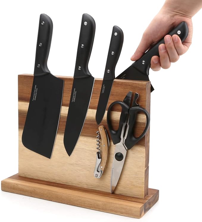 Resafy Magnetic Knife Holder,Acacia Wood Magnetic Knife Block 12 Inches,Rack Magnetic Universal Stands with Strong Enhanced Magnets Strip Protects Blades Easy to Identify Without Knifves for Kitchen