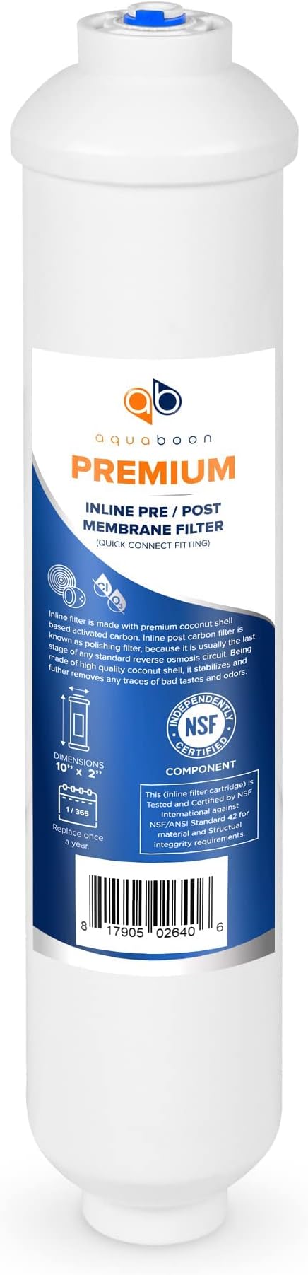 Aquaboon Premium Inline Post/Carbon Polishing Water Filter Catridge for Reverse Osmosis System Standard Size (Quick Connect Fiting) RO Water Filter Replacement Compatible with ICF-10 12-Pack