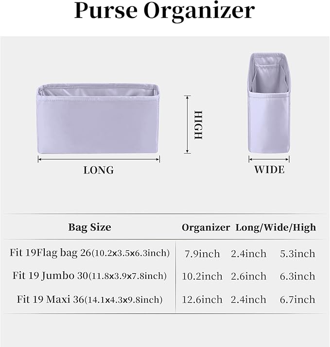19 Bag Organizer Insert, Purse Organizer with Silky Satin Compatible with Chanel 19 Bag Maxi, Lightweight Shaper for Daily Use (Lavender, Maxi 36)