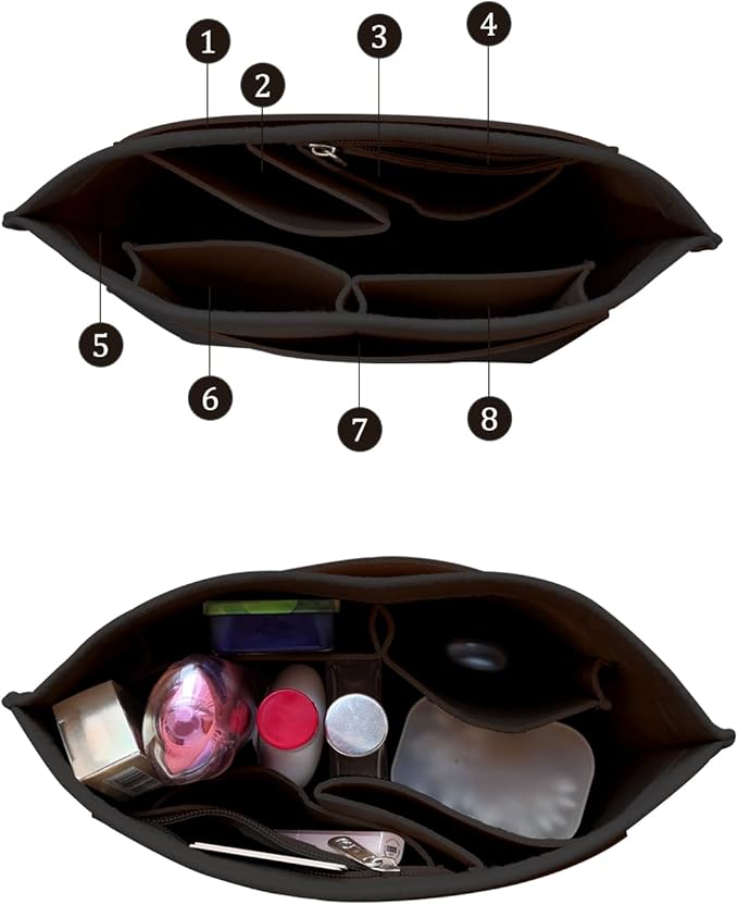 Chispee Felt Purse Organizer Insert Luxury Handbag Organizers for Longchamp Organizer Insert Divider Pocket & Zipper Inner Bag Liner fit Medium, Dark Brown