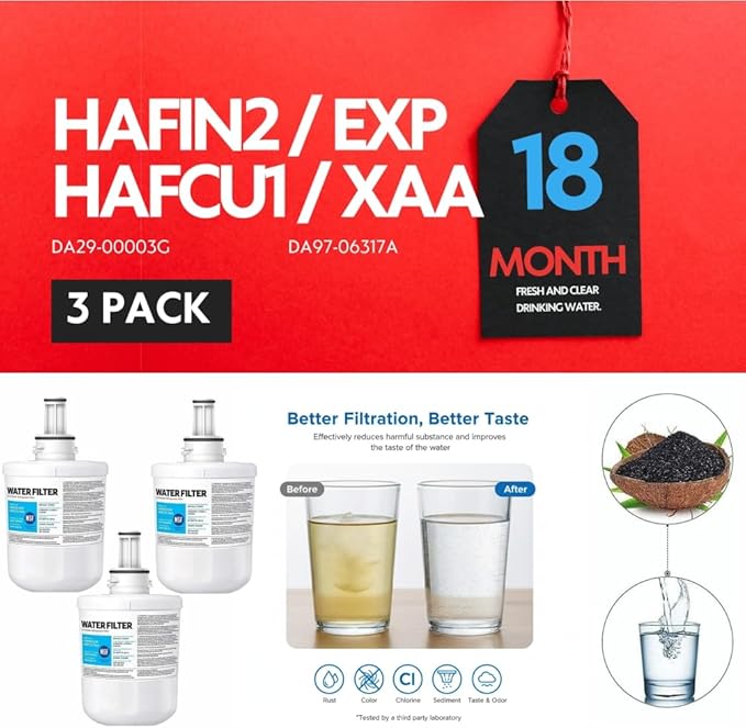 HAFCU1/XAA - HAFIN2/EXP Water Filter Replacement – Compatible with DA29-00003B DA29-00003F DA29-00003G – Carbon Block Filtration – Fresh Water & Ice – 18 Month Life 3 PACK