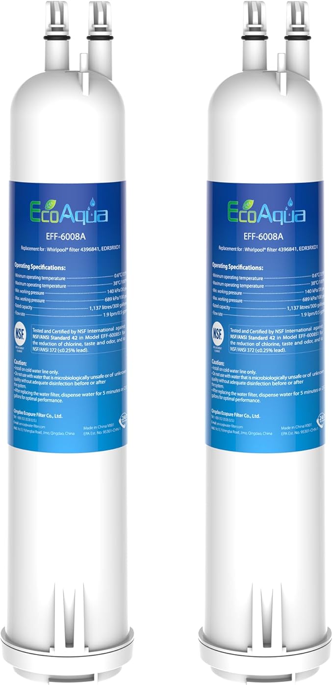EcoAqua 4396841 Replacement for Everydrop® Filter 3, EDR3RXD1, EDR3RXD1B, 4396710, 9083, 9030, 46-9020, 46-9020P, P1WB2, P1WB2L Refrigerator Water Filter, 2 Filters