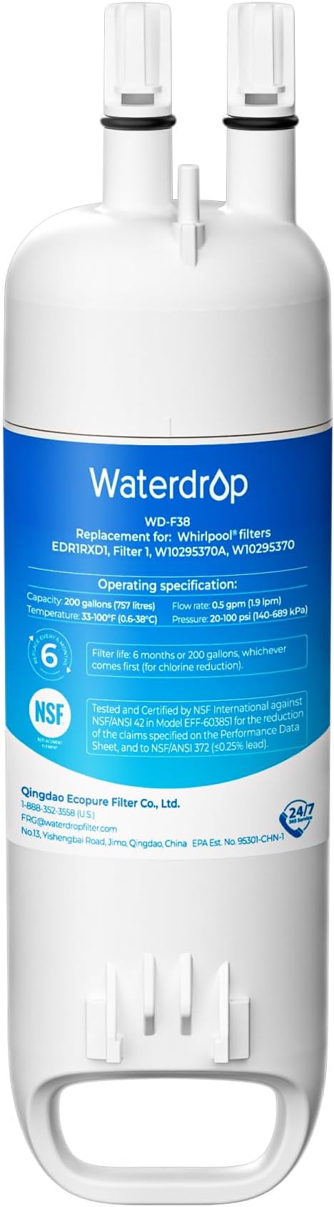 Waterdrop EDR1RXD1 Replacement for W10295370A, Everydrop® Filter 1, EDR1RXD1B, P8RFWB2L, P4RFWB, Kenmore® 46-9081, 46-9930, WD-F38 Refrigerator Water Filter, 1 Filter