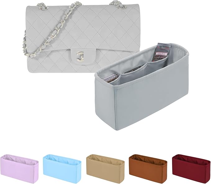 Classic Flap Bag Organizer Insert, Purse Organizer Insert Compatible with Chanel Classic Flap Small, Lightweight Purse Divider with Pockets (Peral Grey, CF Small)