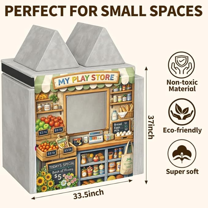 Foam Play Couch Panels - Grocery Store Theme,Soft Sofa Accessories,Modular Play Panels,33.5x37 Inches,Farmers Market Design with Fruits,Bread and Flow