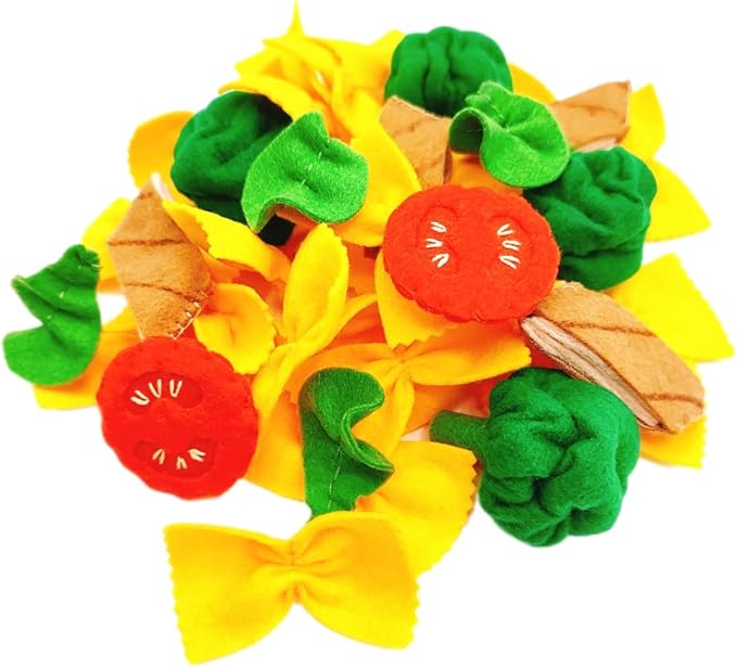 Pasta with broccoli, farfalle, bow tie pasta, felt play food for kids kitchen, pretend play for kids (yellow, set 1 (farfalle, broccoli, chicken, tomatoes, basil))