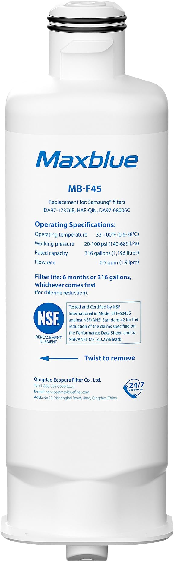 Maxblue DA97-17376B Refrigerator Water Filter, Compatible with Samsung® HAF-QIN/EXP, DA97-08006C, HAF-QIN, RF23M8070SR, RF28R7201SR, RF28R7351SG, MB-F45