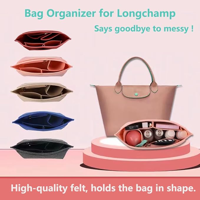Chispee Purse Organizer Felt Tote Bag Organizer Insert Luxury Handbag Organizers for Longchamp Divider Pocket & Zipper Inner Bag Liner fit Large, Red