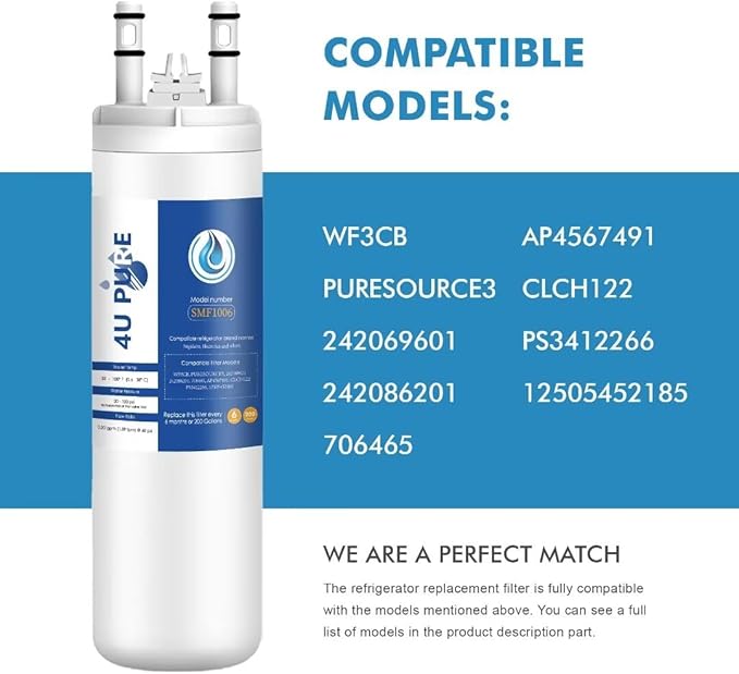 WF3CB Refrigerator Water Filter, Replacement for Pure Source 3, 706465, 242086201, 242086203, 242294501, 242069601, AP4567491, WF425, 1 Pack (Height 9 inches)