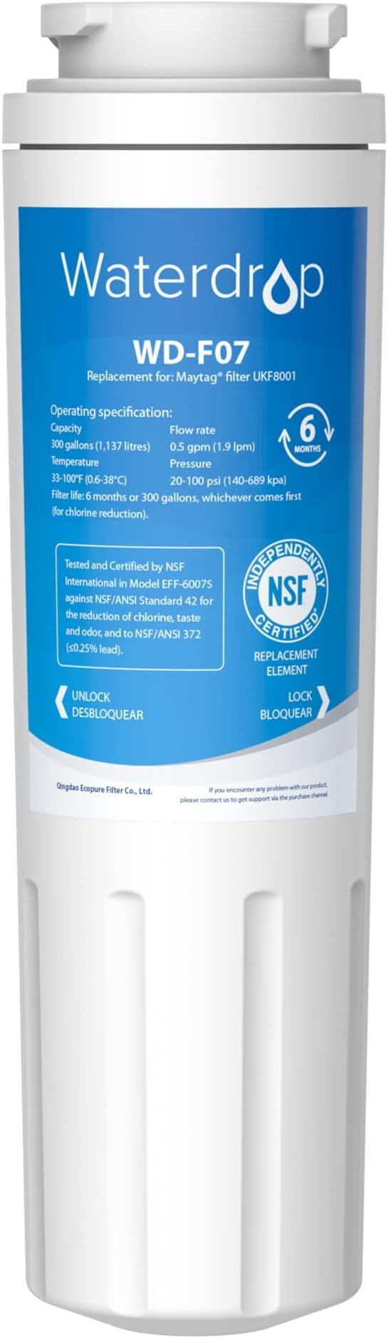 Waterdrop UKF8001 Refrigerator Water Filter, Compatible with Whirlpool UKF8001AXX-750, Maytag UKF8001P, UKF8001AXX-200, 4396395, 469006, EveryDrop Filter 4, Puriclean II, EDR4RXD1, 4 Filters